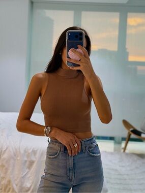 Zara Brown Ribbed Mock Neck Cropped Tank